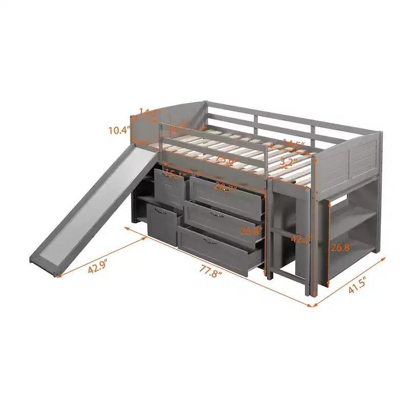 Twin Loft Bed with Slide, Wood Loft Bed Twin Size, Low Twin Size Loft Bed Frame with Cabinets and Shelves