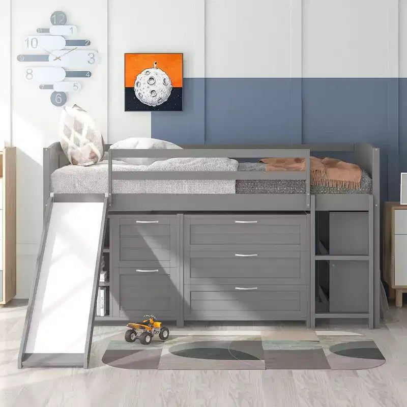 Twin Loft Bed with Slide, Wood Loft Bed Twin Size, Low Twin Size Loft Bed Frame with Cabinets and Shelves