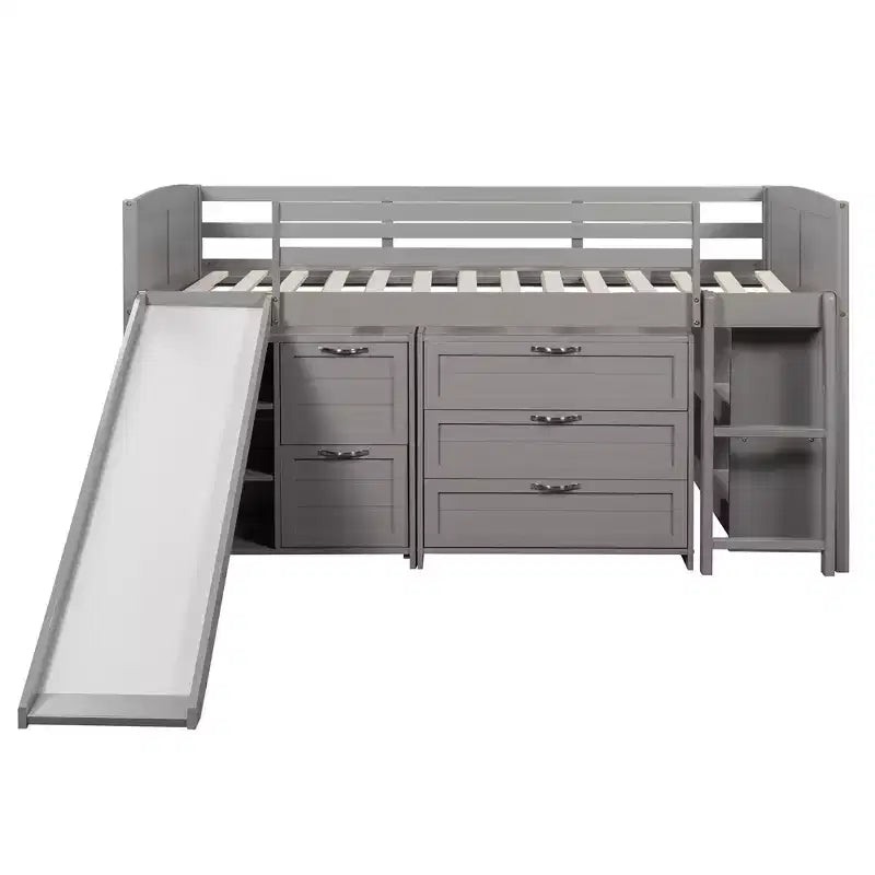 Twin Loft Bed with Slide, Wood Loft Bed Twin Size, Low Twin Size Loft Bed Frame with Cabinets and Shelves