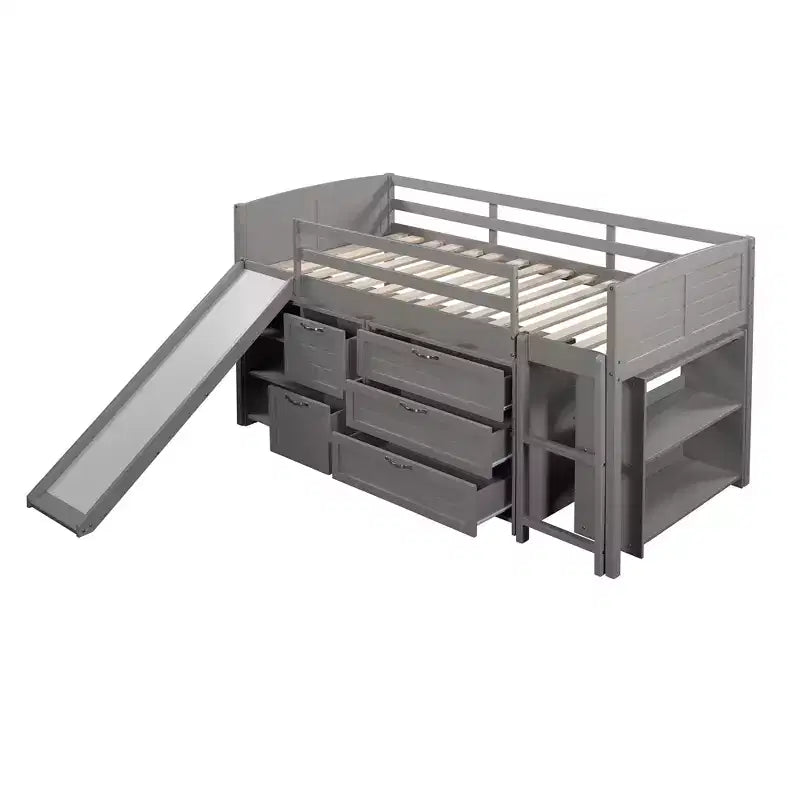 Twin Loft Bed with Slide, Wood Loft Bed Twin Size, Low Twin Size Loft Bed Frame with Cabinets and Shelves
