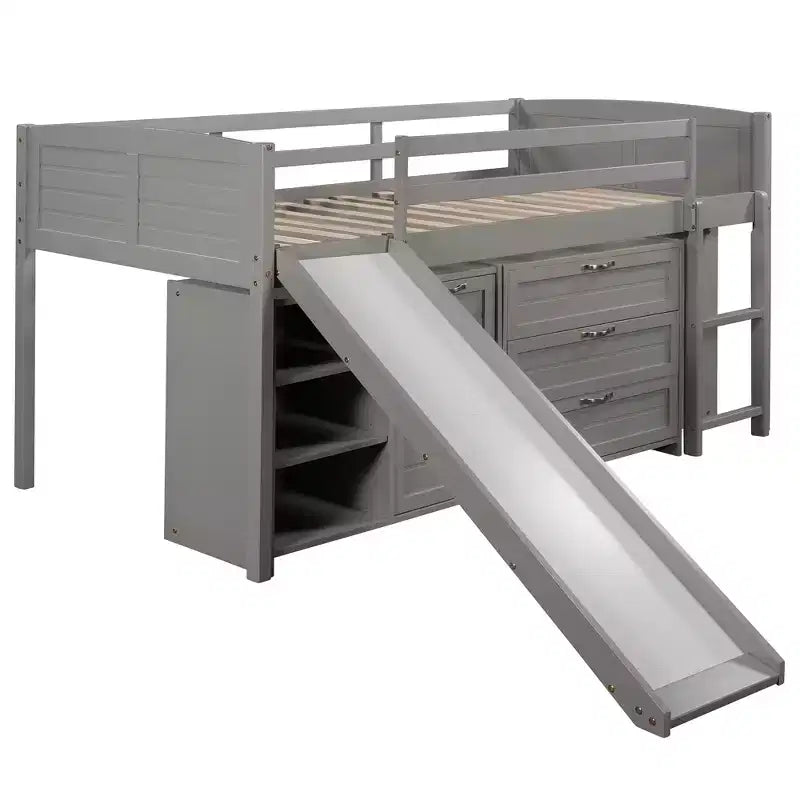 Twin Loft Bed with Slide, Wood Loft Bed Twin Size, Low Twin Size Loft Bed Frame with Cabinets and Shelves