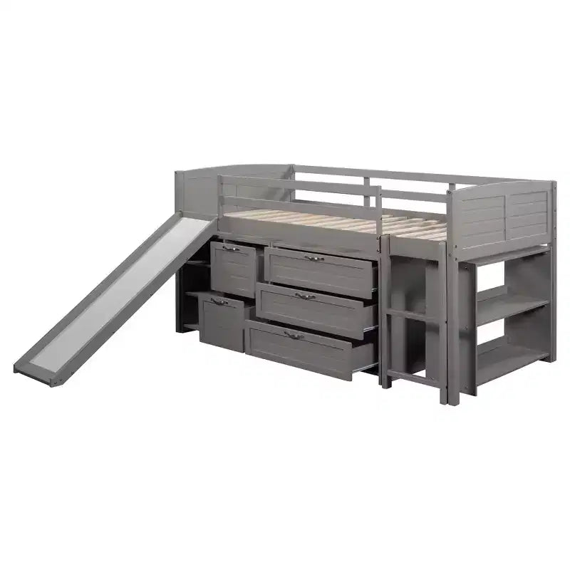 Twin Loft Bed with Slide, Wood Loft Bed Twin Size, Low Twin Size Loft Bed Frame with Cabinets and Shelves