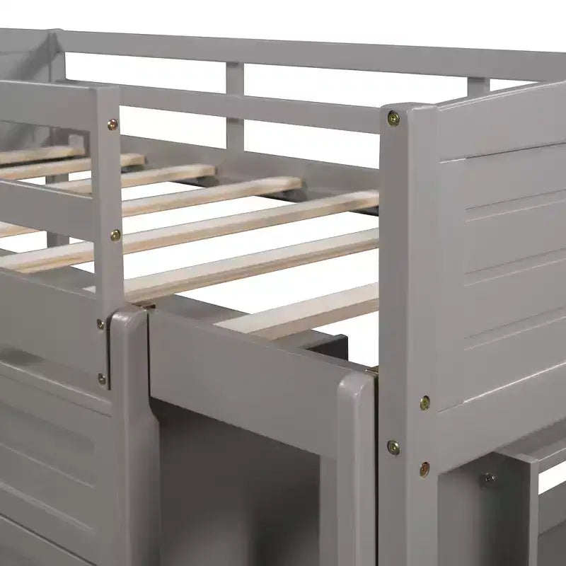 Twin Loft Bed with Slide, Wood Loft Bed Twin Size, Low Twin Size Loft Bed Frame with Cabinets and Shelves