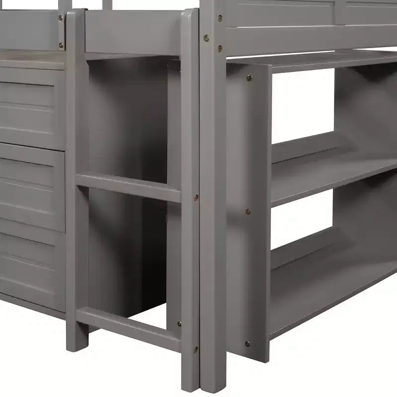 Twin Loft Bed with Slide, Wood Loft Bed Twin Size, Low Twin Size Loft Bed Frame with Cabinets and Shelves