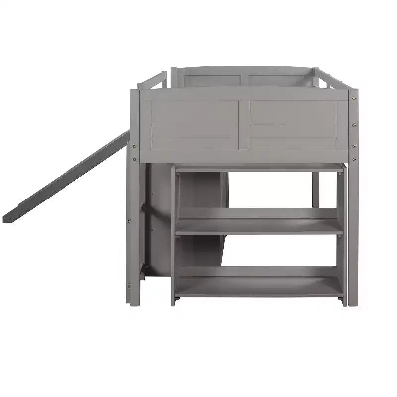 Twin Loft Bed with Slide, Wood Loft Bed Twin Size, Low Twin Size Loft Bed Frame with Cabinets and Shelves