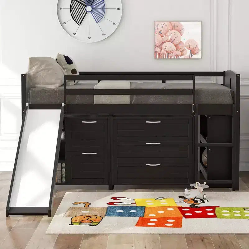 Twin Loft Bed with Slide, Wood Loft Bed Twin Size, Low Twin Size Loft Bed Frame with Cabinets and Shelves