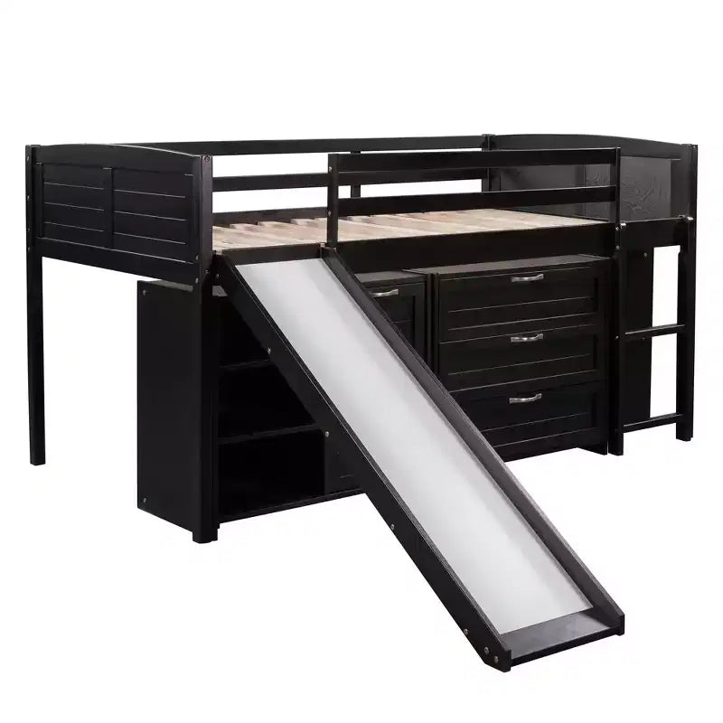 Twin Loft Bed with Slide, Wood Loft Bed Twin Size, Low Twin Size Loft Bed Frame with Cabinets and Shelves