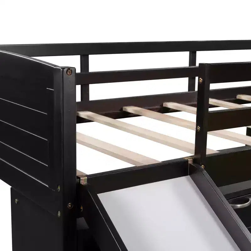 Twin Loft Bed with Slide, Wood Loft Bed Twin Size, Low Twin Size Loft Bed Frame with Cabinets and Shelves