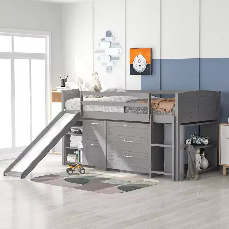 Twin Loft Bed with Slide, Wood Loft Bed Twin Size, Low Twin Size Loft Bed Frame with Cabinets and Shelves