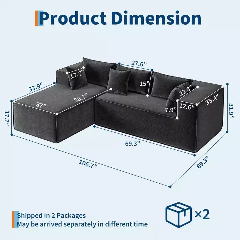 Modular Sectional Couches for Living Room, L-Shaped Sectional Couch with Deep Seat, Upholstered Sofa for Bedroom, No Assembly Required, Chenille
