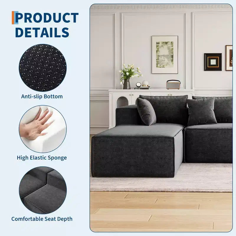 Modular Sectional Couches for Living Room, L-Shaped Sectional Couch with Deep Seat, Upholstered Sofa for Bedroom, No Assembly Required, Chenille