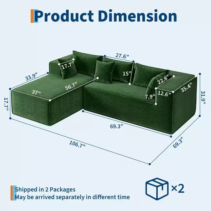 Modular Sectional Couches for Living Room, L-Shaped Sectional Couch with Deep Seat, Upholstered Sofa for Bedroom, No Assembly Required, Chenille