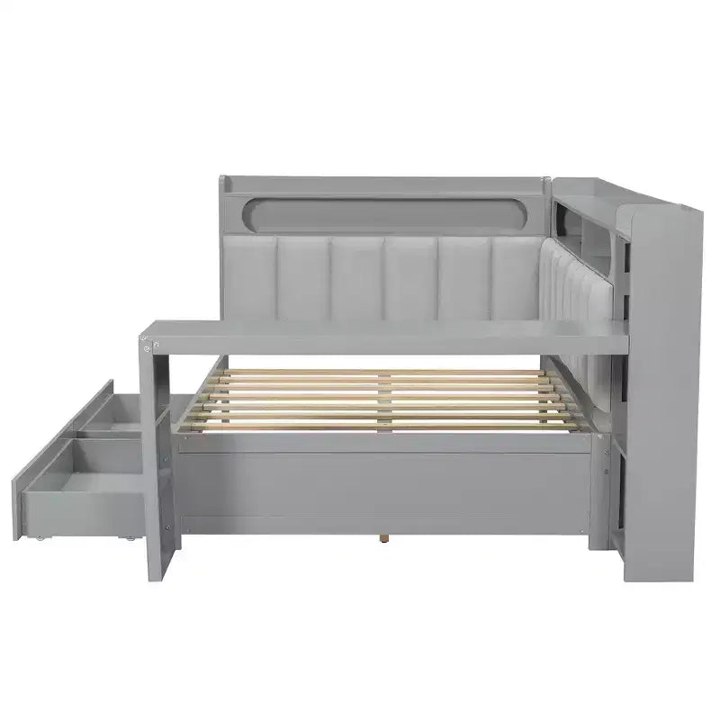 Full Size Daybed with Storage Shelves, Drawers, Charging Station, LED Light, Desk, Upholstered Headboard and Backrest