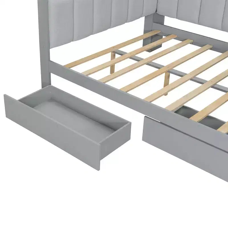 Full Size Daybed with Storage Shelves, Drawers, Charging Station, LED Light, Desk, Upholstered Headboard and Backrest