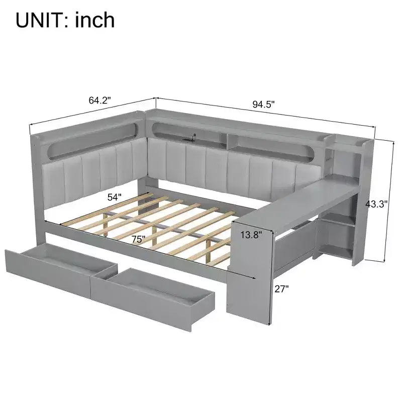Full Size Daybed with Storage Shelves, Drawers, Charging Station, LED Light, Desk, Upholstered Headboard and Backrest