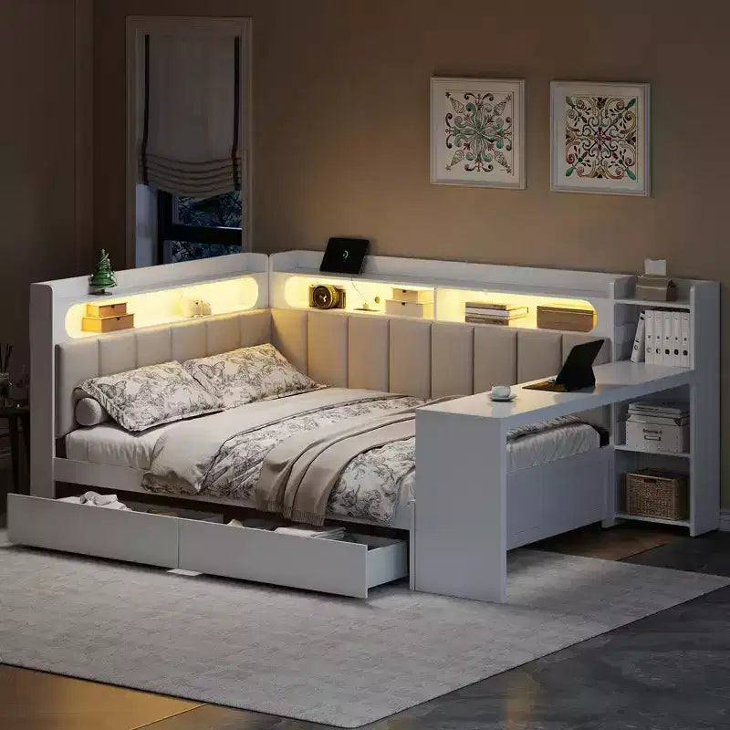 Full Size Daybed with Storage Shelves, Drawers, Charging Station, LED Light, Desk, Upholstered Headboard and Backrest