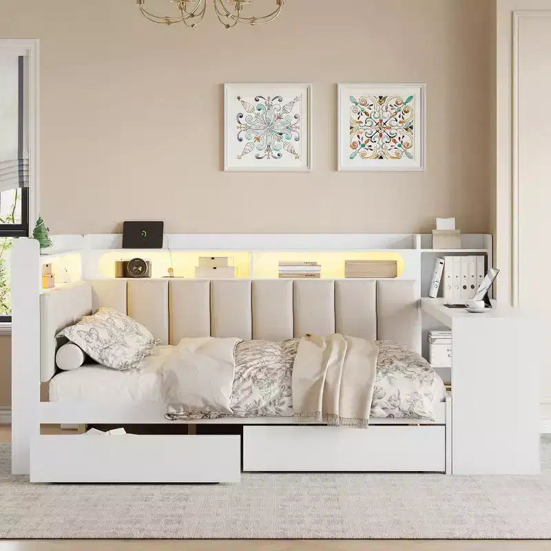 Full Size Daybed with Storage Shelves, Drawers, Charging Station, LED Light, Desk, Upholstered Headboard and Backrest