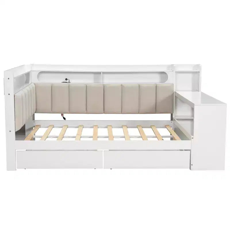 Full Size Daybed with Storage Shelves, Drawers, Charging Station, LED Light, Desk, Upholstered Headboard and Backrest