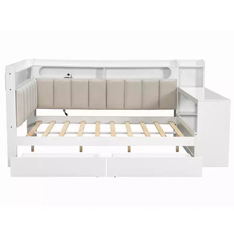 Full Size Daybed with Storage Shelves, Drawers, Charging Station, LED Light, Desk, Upholstered Headboard and Backrest