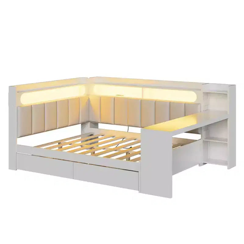 Full Size Daybed with Storage Shelves, Drawers, Charging Station, LED Light, Desk, Upholstered Headboard and Backrest