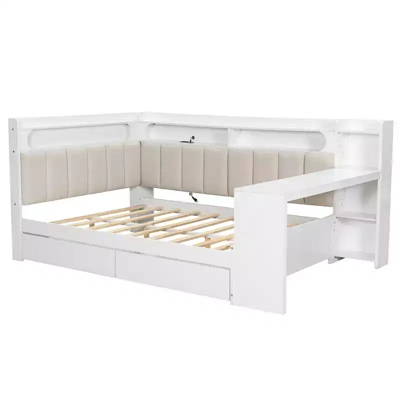 Full Size Daybed with Storage Shelves, Drawers, Charging Station, LED Light, Desk, Upholstered Headboard and Backrest