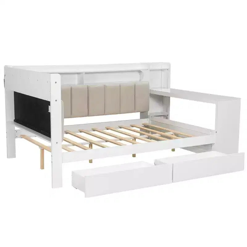 Full Size Daybed with Storage Shelves, Drawers, Charging Station, LED Light, Desk, Upholstered Headboard and Backrest