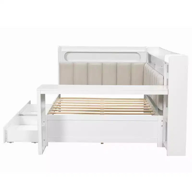 Full Size Daybed with Storage Shelves, Drawers, Charging Station, LED Light, Desk, Upholstered Headboard and Backrest