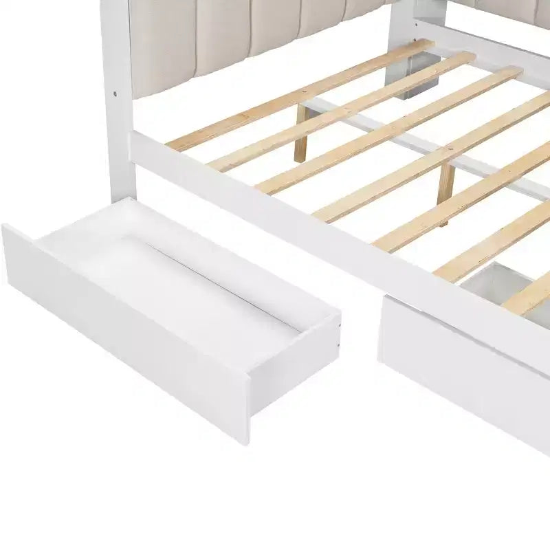 Full Size Daybed with Storage Shelves, Drawers, Charging Station, LED Light, Desk, Upholstered Headboard and Backrest