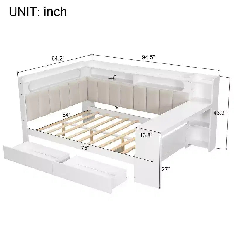 Full Size Daybed with Storage Shelves, Drawers, Charging Station, LED Light, Desk, Upholstered Headboard and Backrest