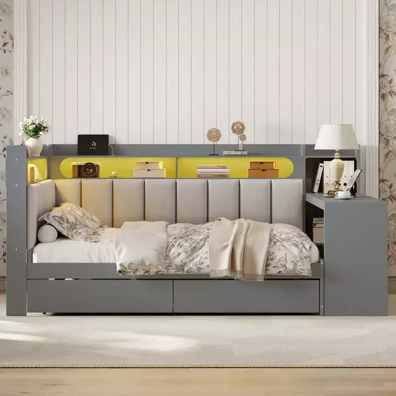 Full Size Daybed with Storage Shelves, Drawers, Charging Station, LED Light, Desk, Upholstered Headboard and Backrest