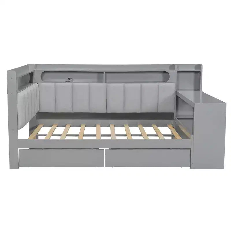 Full Size Daybed with Storage Shelves, Drawers, Charging Station, LED Light, Desk, Upholstered Headboard and Backrest