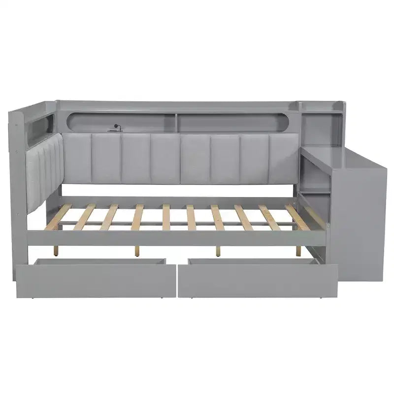 Full Size Daybed with Storage Shelves, Drawers, Charging Station, LED Light, Desk, Upholstered Headboard and Backrest