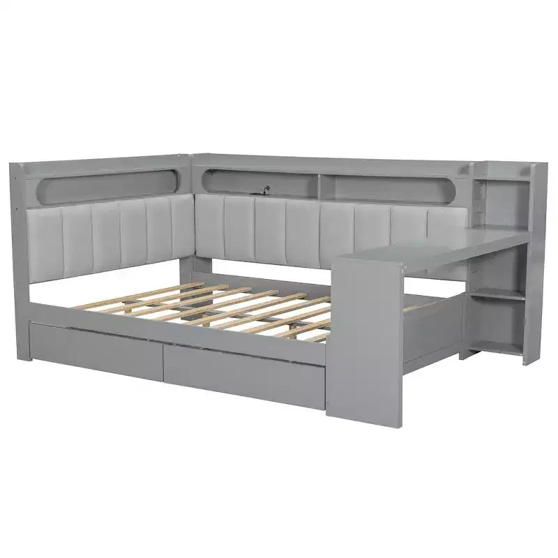 Full Size Daybed with Storage Shelves, Drawers, Charging Station, LED Light, Desk, Upholstered Headboard and Backrest
