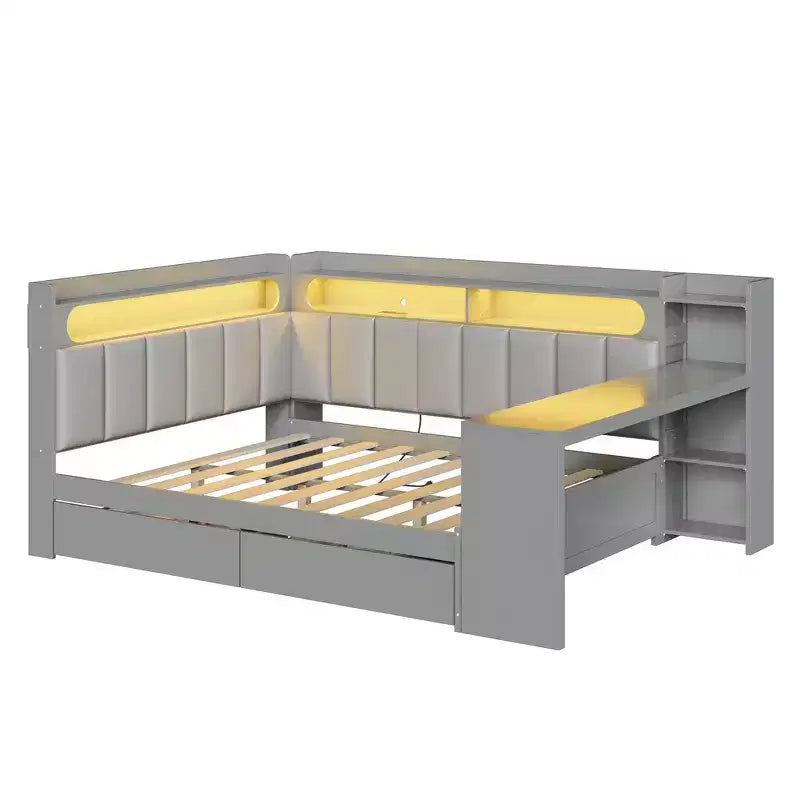 Full Size Daybed with Storage Shelves, Drawers, Charging Station, LED Light, Desk, Upholstered Headboard and Backrest