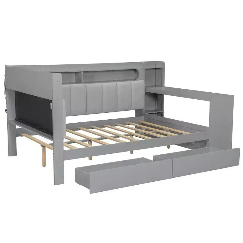 Full Size Daybed with Storage Shelves, Drawers, Charging Station, LED Light, Desk, Upholstered Headboard and Backrest
