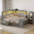 Whisen Full Size Daybed with Storage Shelves, Drawers, Charging Station, LED Light, Desk, Upholstered Headboard and Backrest