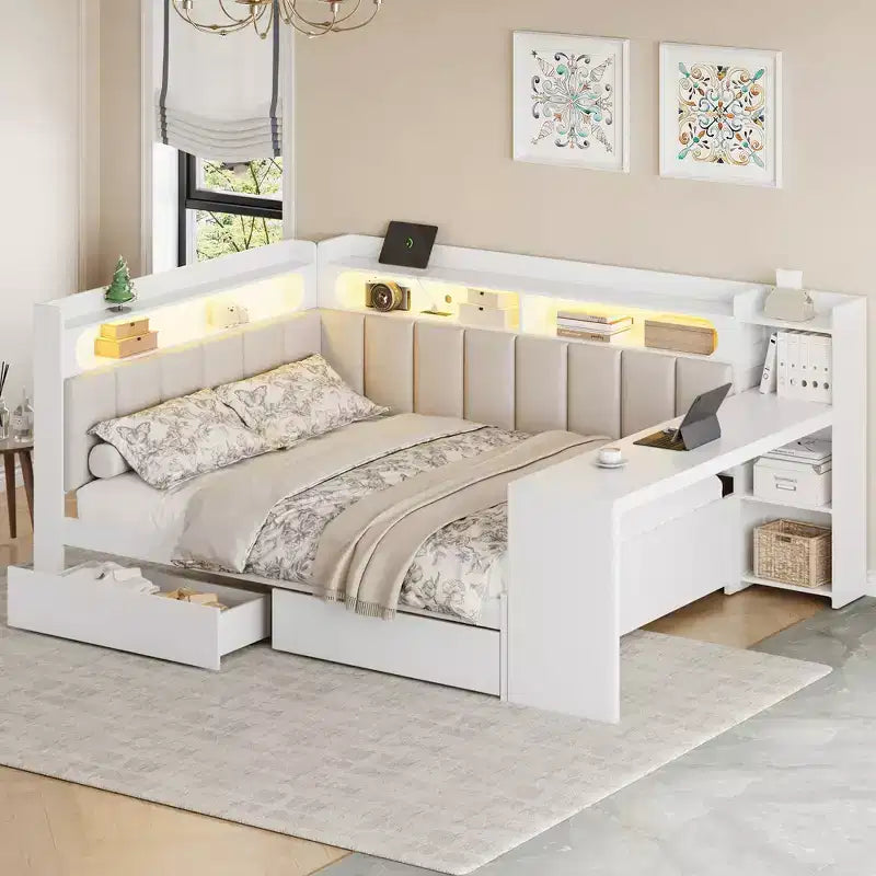 Full Size Daybed with Storage Shelves, Drawers, Charging Station, LED Light, Desk, Upholstered Headboard and Backrest