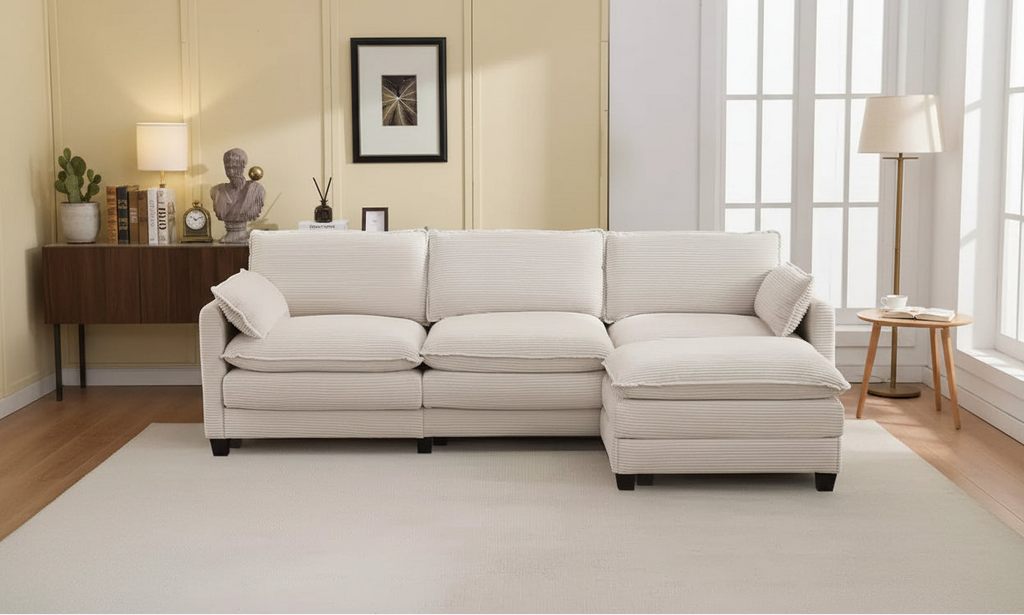 Hyleory Corduroy L-Shaped Sectional Sofa, 3-Seater Couch with Movable Ottoman, Modular Living Room Furniture for Apartments