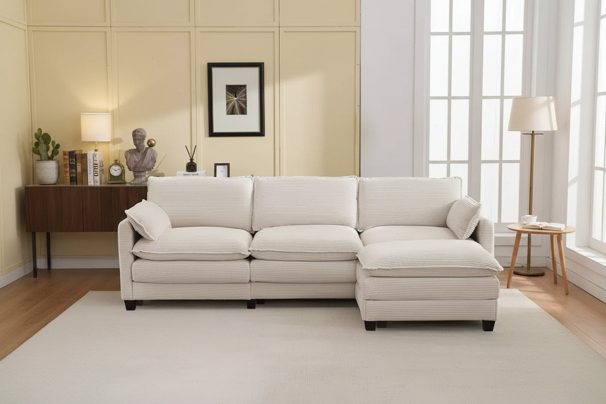 Hyleory Corduroy L-Shaped Sectional Sofa, 3-Seater Couch with Movable Ottoman, Modular Living Room Furniture for Apartments
