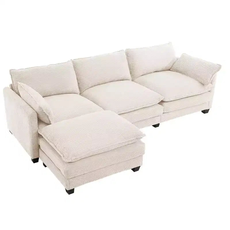 Corduroy L-Shaped Sectional Sofa, 3-Seater Couch with Movable Ottoman, Modular Living Room Furniture for Apartments