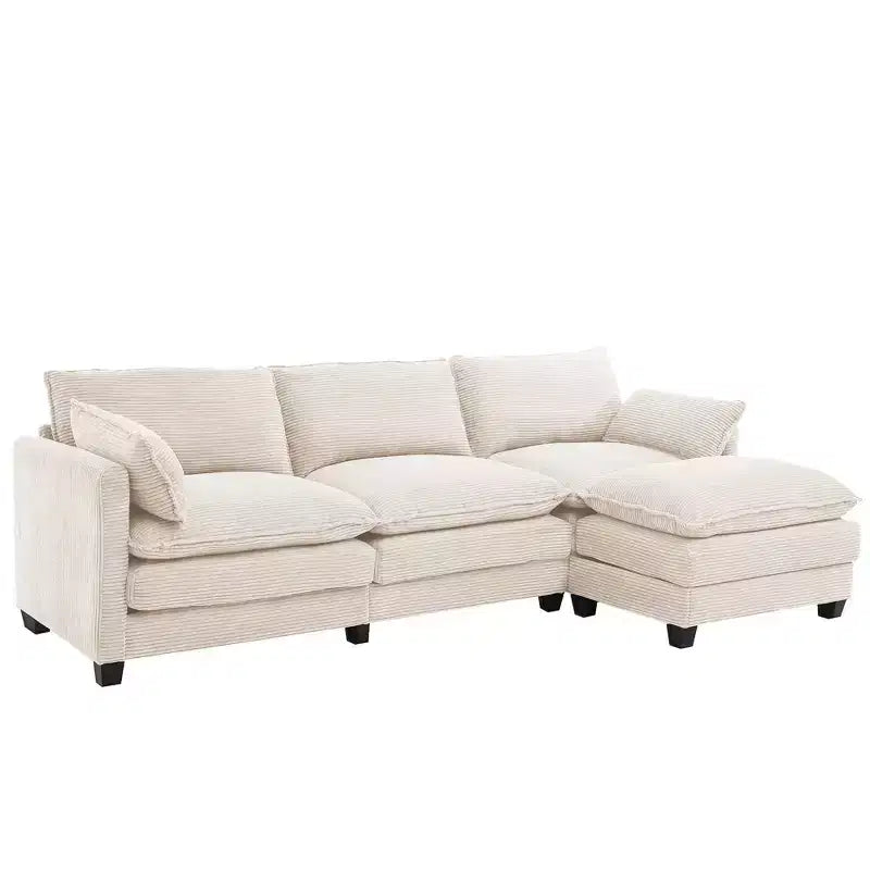 Corduroy L-Shaped Sectional Sofa, 3-Seater Couch with Movable Ottoman, Modular Living Room Furniture for Apartments