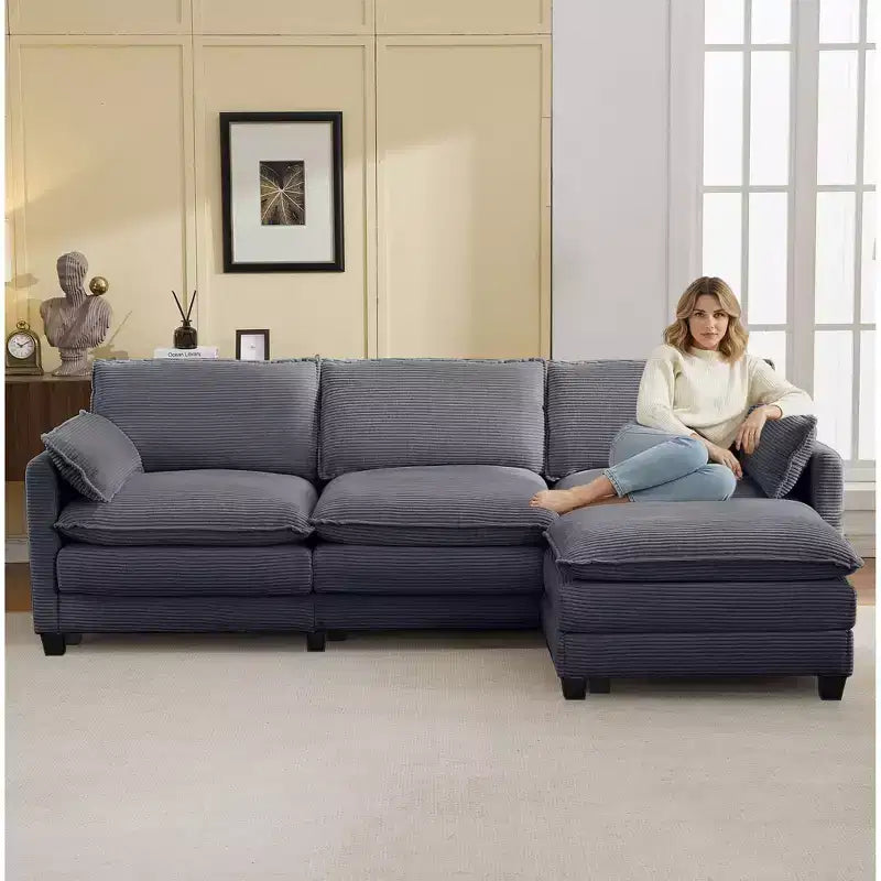 Corduroy L-Shaped Sectional Sofa, 3-Seater Couch with Movable Ottoman, Modular Living Room Furniture for Apartments