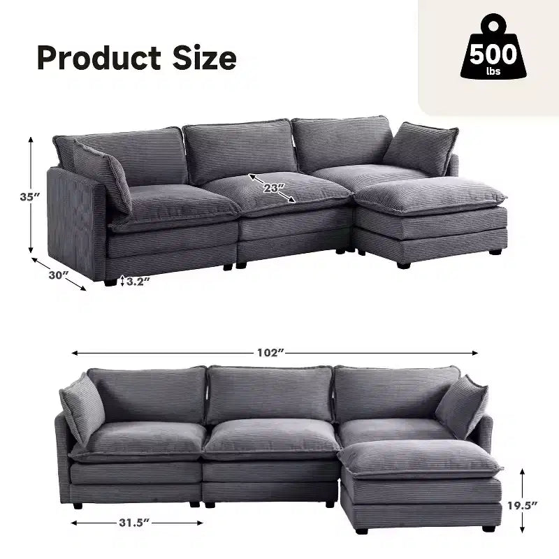 Corduroy L-Shaped Sectional Sofa, 3-Seater Couch with Movable Ottoman, Modular Living Room Furniture for Apartments