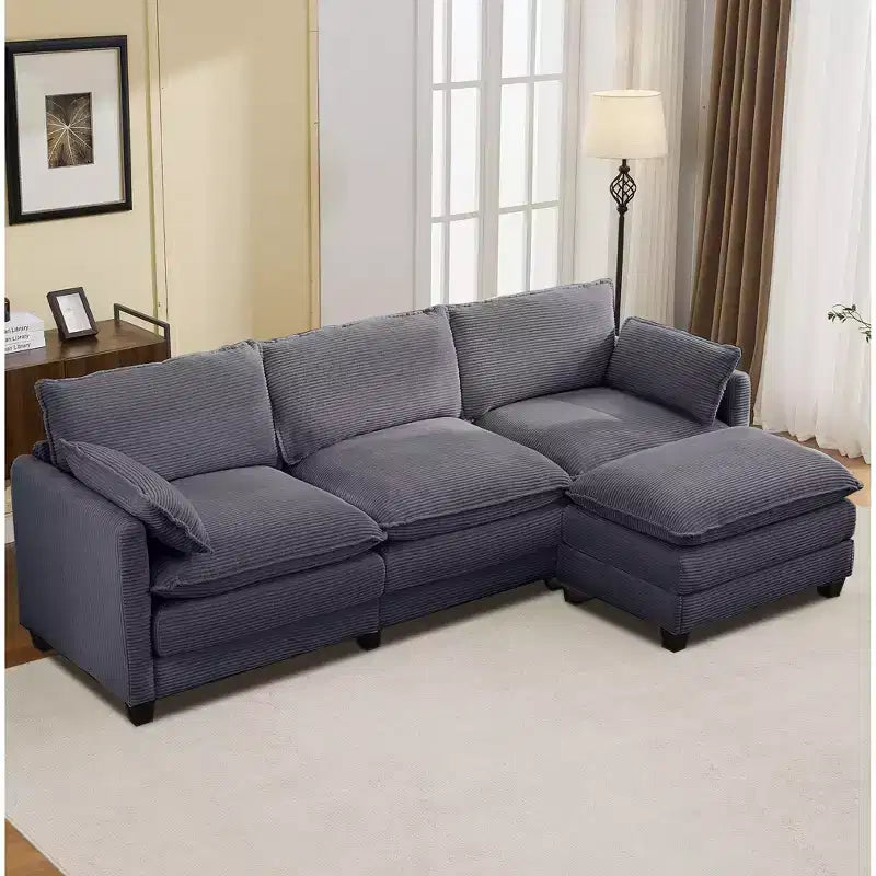 Corduroy L-Shaped Sectional Sofa, 3-Seater Couch with Movable Ottoman, Modular Living Room Furniture for Apartments