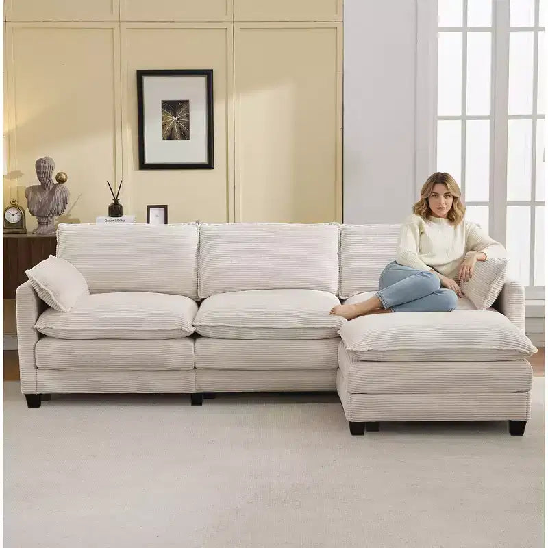 Corduroy L-Shaped Sectional Sofa, 3-Seater Couch with Movable Ottoman, Modular Living Room Furniture for Apartments