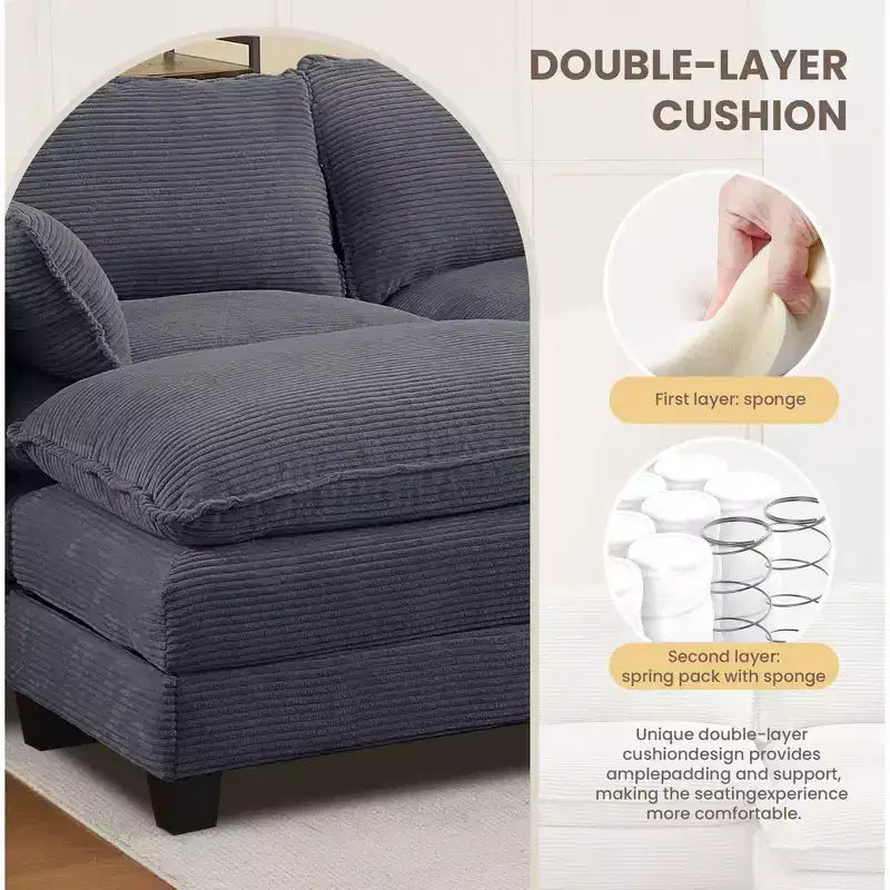Corduroy L-Shaped Sectional Sofa, 3-Seater Couch with Movable Ottoman, Modular Living Room Furniture for Apartments
