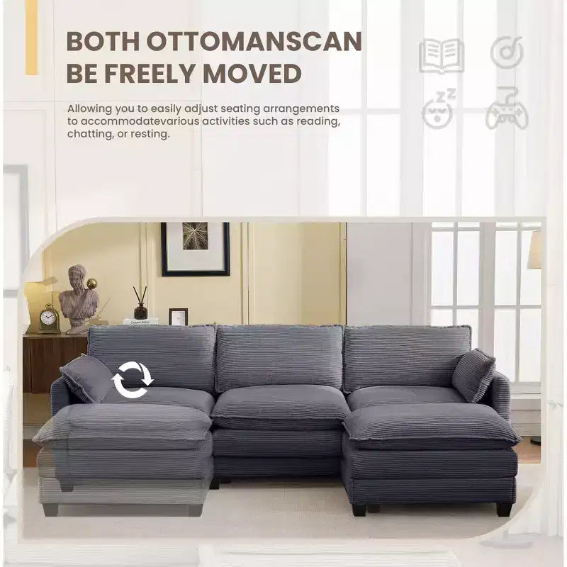 Corduroy L-Shaped Sectional Sofa, 3-Seater Couch with Movable Ottoman, Modular Living Room Furniture for Apartments