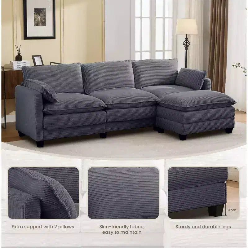 Corduroy L-Shaped Sectional Sofa, 3-Seater Couch with Movable Ottoman, Modular Living Room Furniture for Apartments