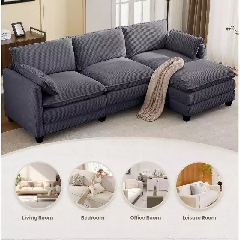 Corduroy L-Shaped Sectional Sofa, 3-Seater Couch with Movable Ottoman, Modular Living Room Furniture for Apartments