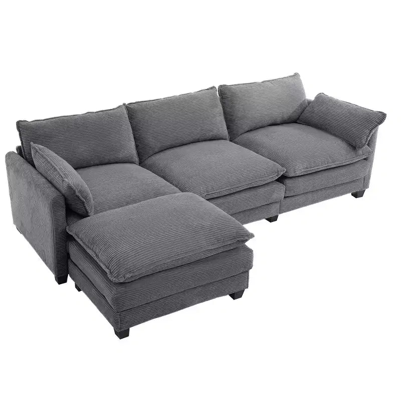 Corduroy L-Shaped Sectional Sofa, 3-Seater Couch with Movable Ottoman, Modular Living Room Furniture for Apartments